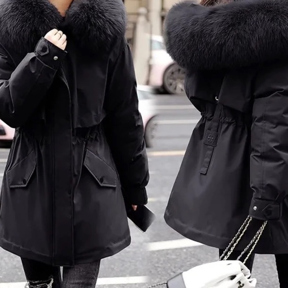 Black Faux Fur Warm Parka Wind Breaker Fleece Lined Hood Raincoat Coat Jacket - Picture 7 of 15